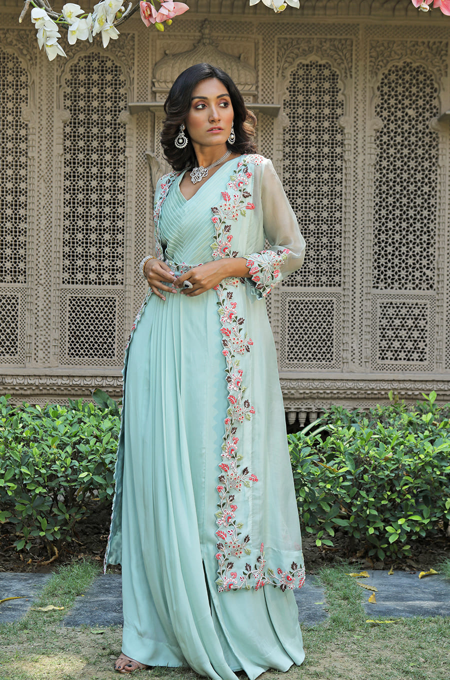 FUSION LONG JACKET SET WITH GOWN EMBROIDERED BELT