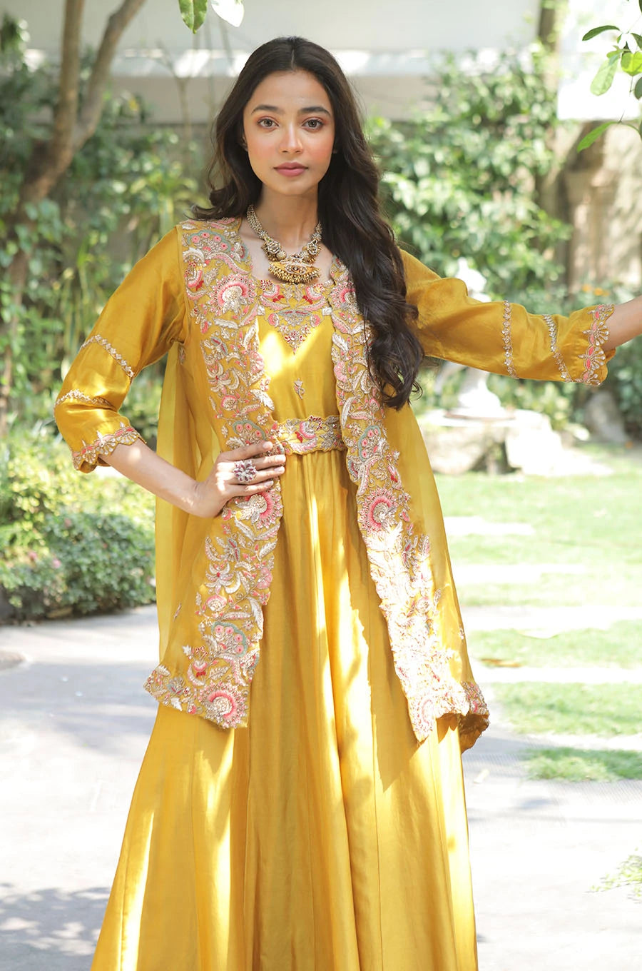 ASYMMETRICAL JACKET WITH ANARKALI & EMBROIDERED BELT – Khushboobagri