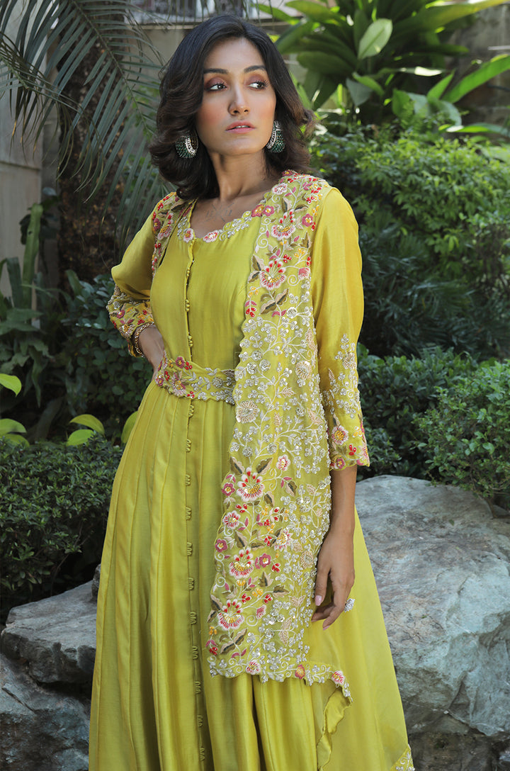 ASYMMETRICAL JACKET WITH ANARKALI & EMBROIDERED BELT