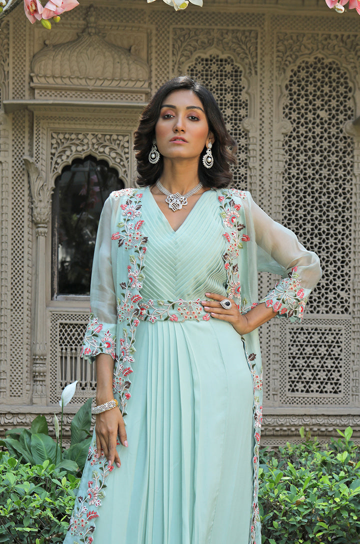 FUSION LONG JACKET SET WITH GOWN & EMBROIDERED BELT