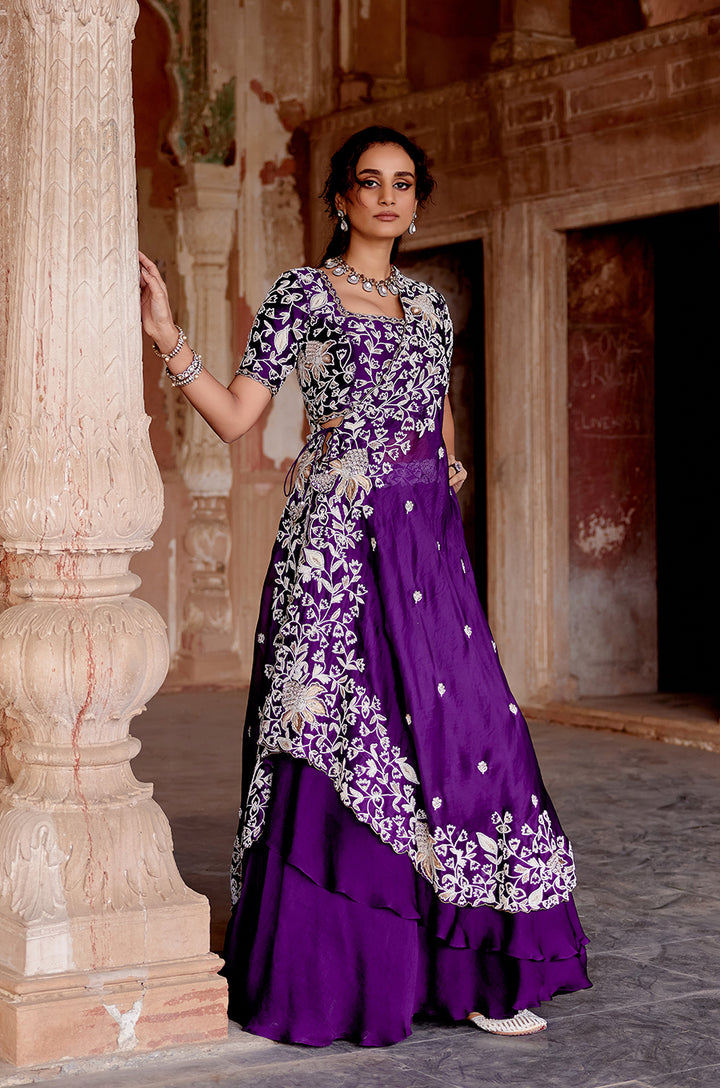 SIGNATURE CROSS DRAPE LEHENGA  SET WITH HEAVY EMBROIDERED BLOUSE & DOUBLE LAYERED SKIRT