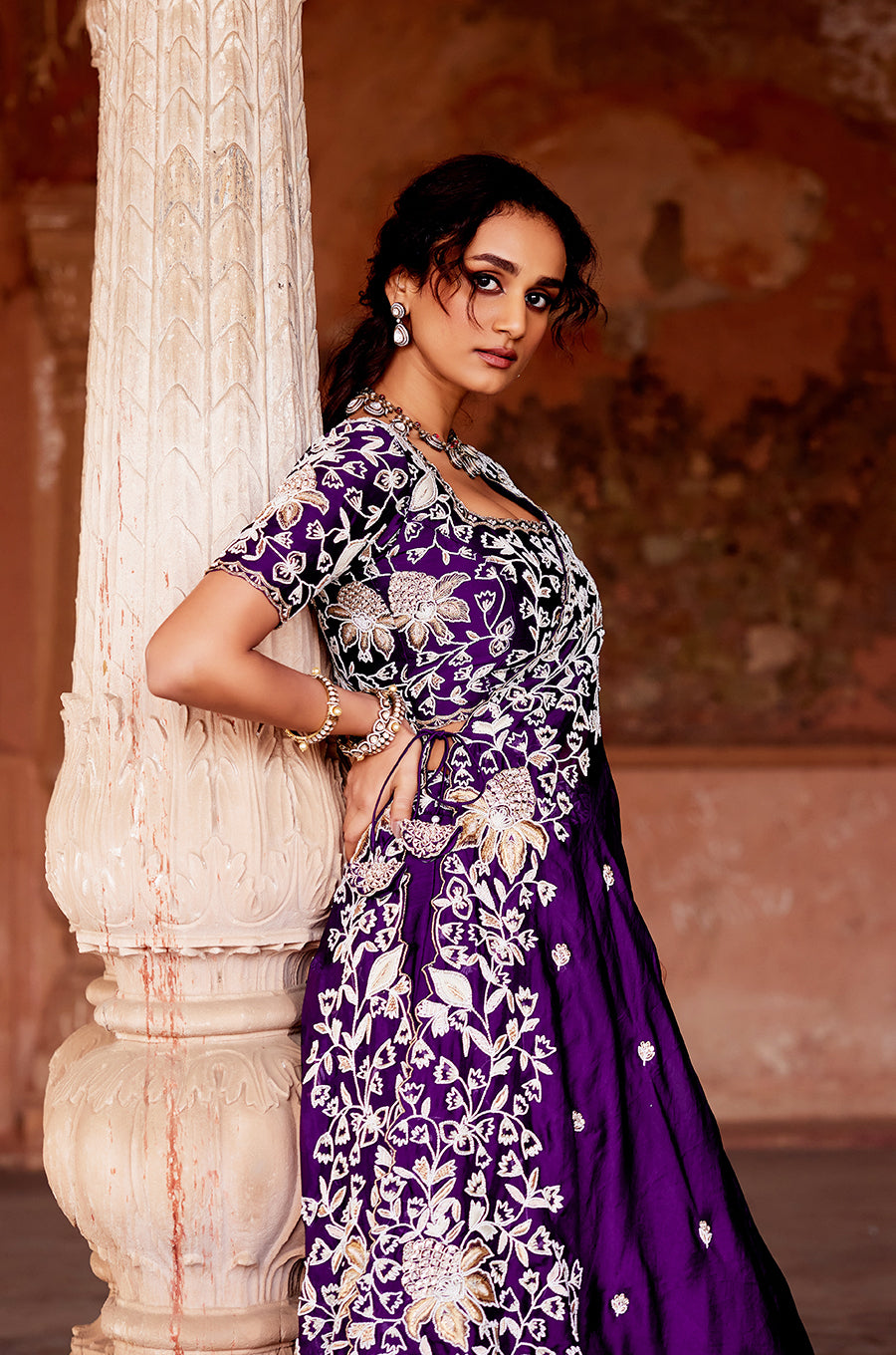 SIGNATURE CROSS DRAPE LEHENGA  SET WITH HEAVY EMBROIDERED BLOUSE & DOUBLE LAYERED SKIRT