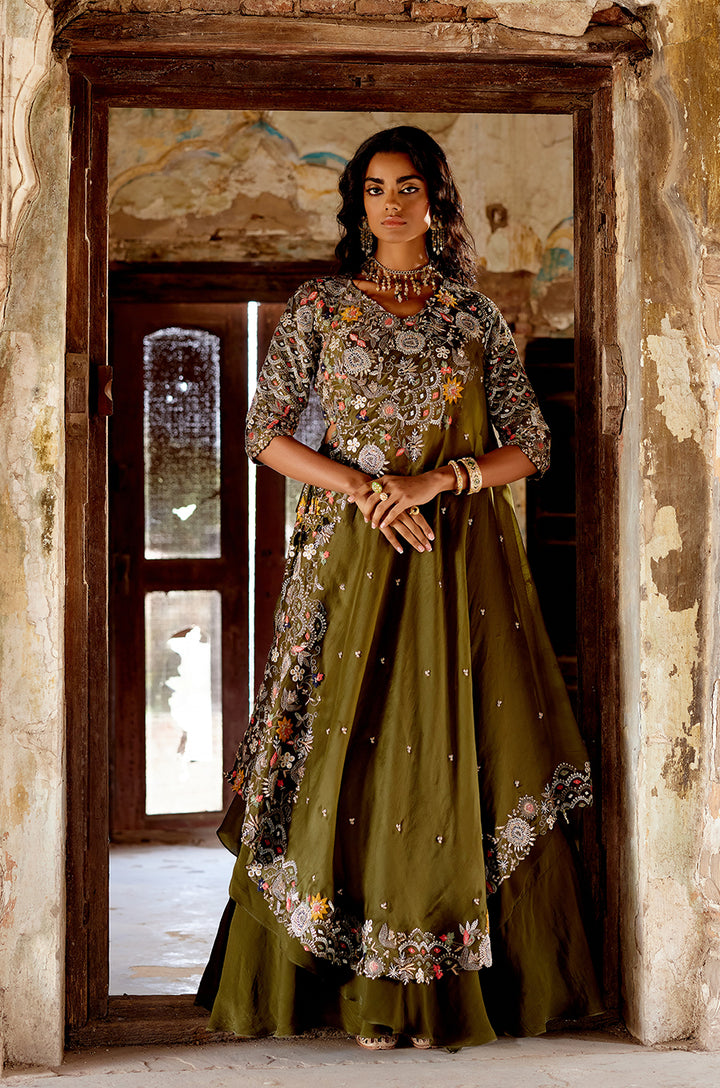 SIGNATURE CROSS DRAPE LEHENGA  SET WITH HEAVY EMBROIDERED BLOUSE & DOUBLE LAYERED SKIRT