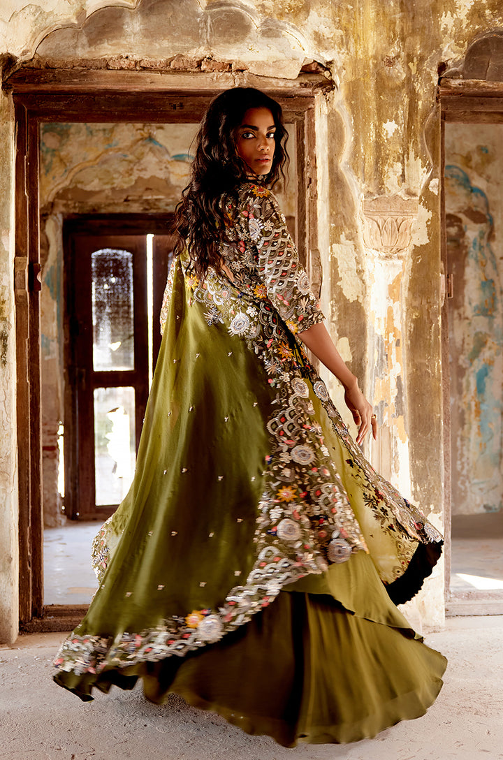 SIGNATURE CROSS DRAPE LEHENGA  SET WITH HEAVY EMBROIDERED BLOUSE & DOUBLE LAYERED SKIRT