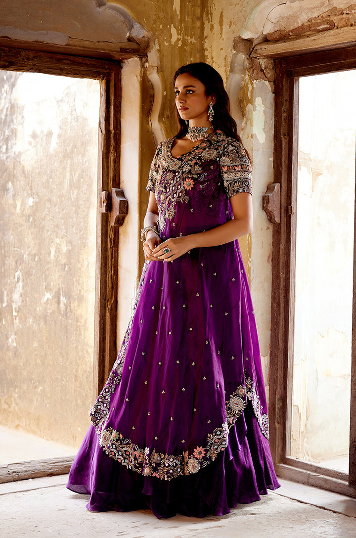 SIGNATURE CROSS DRAPE LEHENGA  SET WITH HEAVY EMBROIDERED BLOUSE & DOUBLE LAYERED SKIRT