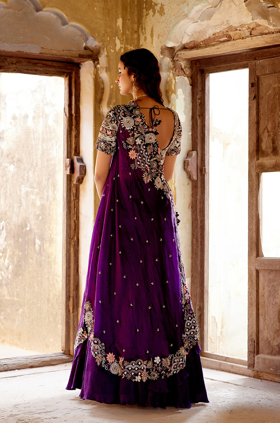 SIGNATURE CROSS DRAPE LEHENGA  SET WITH HEAVY EMBROIDERED BLOUSE & DOUBLE LAYERED SKIRT