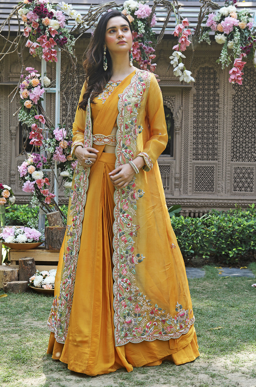 LONG JACKET SET WITH DRAPE SAREE & EMBROIDERED BELT