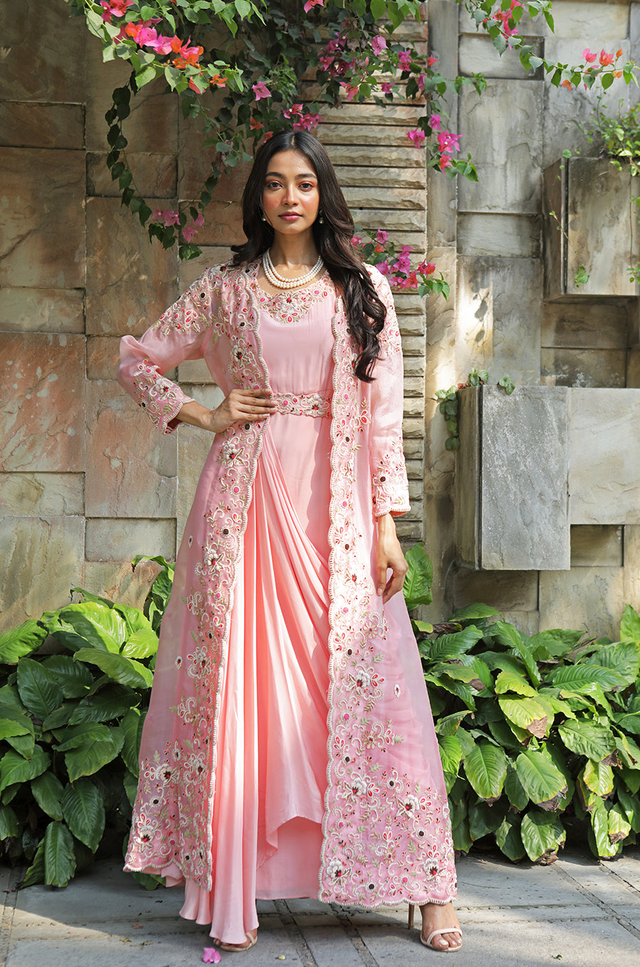 Bullion Knot Long Frock Suit With Jacket With Price Gown Latest