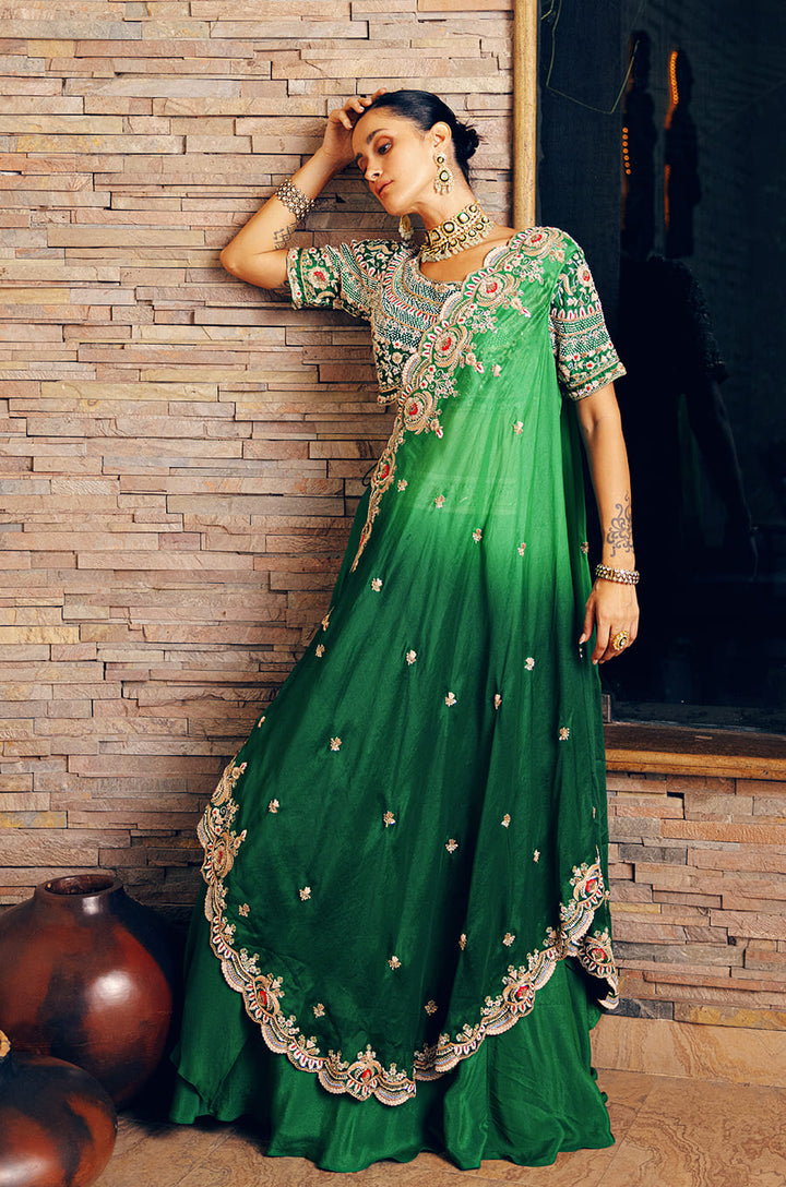 SIGNATURE CROSS DRAPE LEHENGA SET WITH HEAVY EMBROIDERED BLOUSE & DOUBLE LAYERED SKIRT