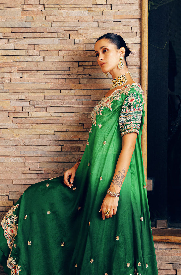 SIGNATURE CROSS DRAPE LEHENGA SET WITH HEAVY EMBROIDERED BLOUSE & DOUBLE LAYERED SKIRT